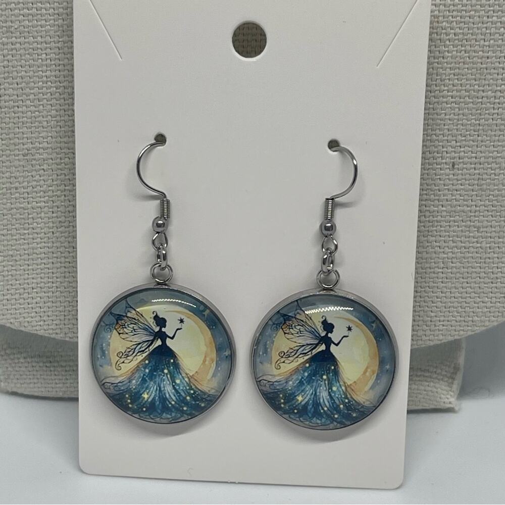 Hand Crafted Blue Yellow Silver Fairy Pendant Necklace & Earring Set NWT OS - Picture 2 of 6